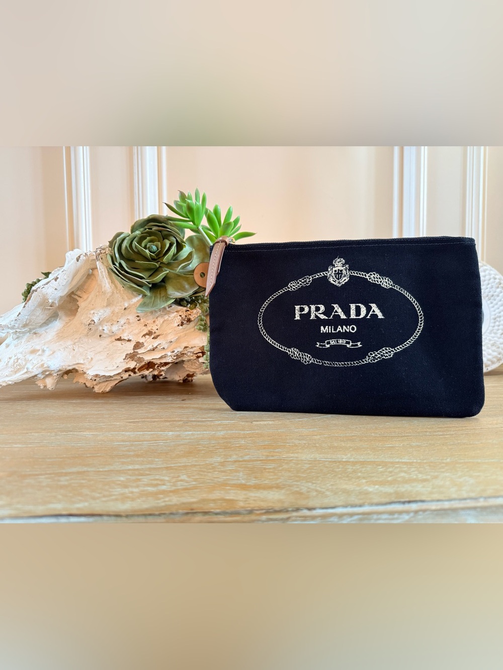 Authentic Prada Milano Canvas Zip Pouch Clutch Black Logo Pochette